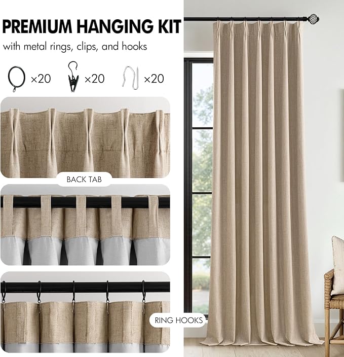 MIULEE Taupe Pinch Pleated 100% Blackout Linen Curtains for Bedroom, Room Darkening Memory Trained Light Blocking Window Curtains 63 inches Long for Living Room, Black Out Pleat Drapes, 2 Panels