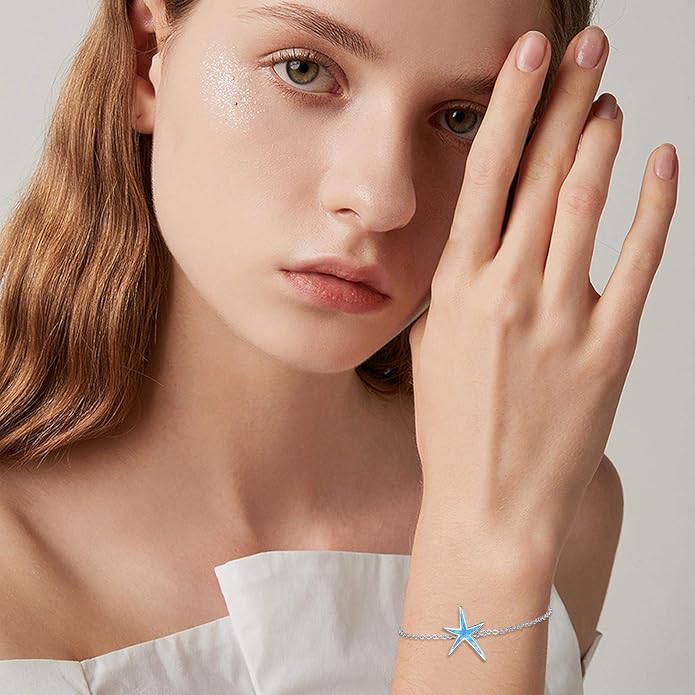 Cuoka Starfish Bracelet 925 Sterling Silver with White Fire Opal Chain Bracelets Ocean Jewelry Birthday For Women