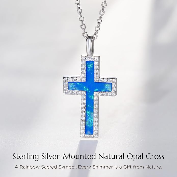 NORBU S925 Opal Cross Necklace for Women, Sterling Silver Opal Gemstone Womens Cross Necklaces, Cross Pendant with 5A Cubic Zirconia, Women's October Birthstone Jewelry Gifts for Birthday, Anniversary, Christmas