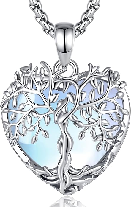 Vito Tree of Life Necklace for Women Men, Silver Plated Copper Teardrop Moonstone/Obsidian/Turquoise/Amethyst/Malachite Crystal Tree Necklace Protection Energy Amulet Jewelry Gift for Mom Wife, 20+2"