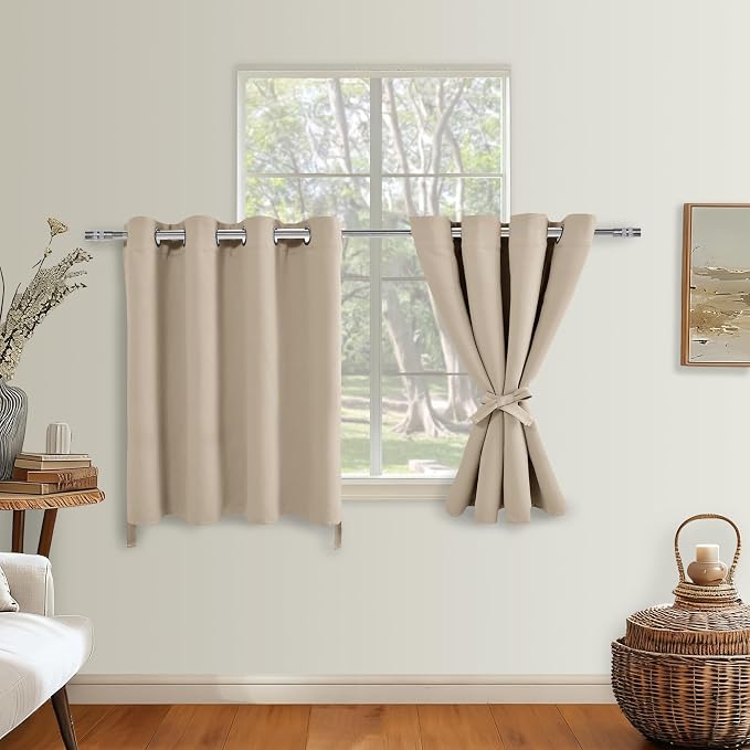 Hiasan RV Blackout Curtains for Bedroom, 52 x 36 Inches Long - Thermal Insulated & Light Blocking Window Curtains for Living Room, 2 Drape Panels Sewn with Tiebacks, Taupe
