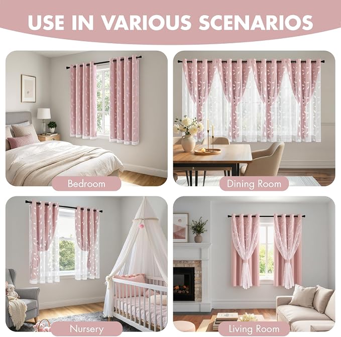 MIULEE Double Layer Curtains 63 Inches Long, White Leaf Patterned Sheer Floral Drapes and Pink Blackout Room Darkening Window Curtains for Living Room Bedroom, Grommets Top, 52" W x 63" L, 2 Panels