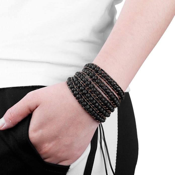 Nupuyai Handmade Leather Beaded Stone Wraps Bracelet Collection for Unisex