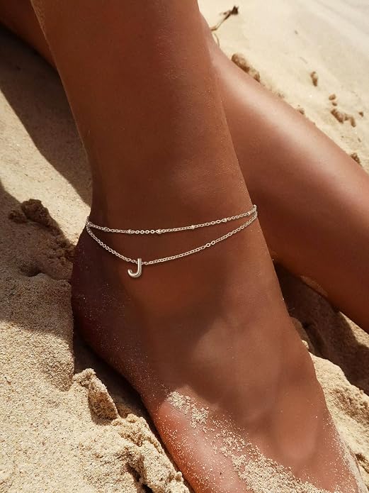 FaithHeart Initial Ankle Bracelets for Women, Waterproof 14k Gold Plated Initial Anklets Non Tarnish Stainless Steel Cute Layered Anklet Summer Beach Jewelry