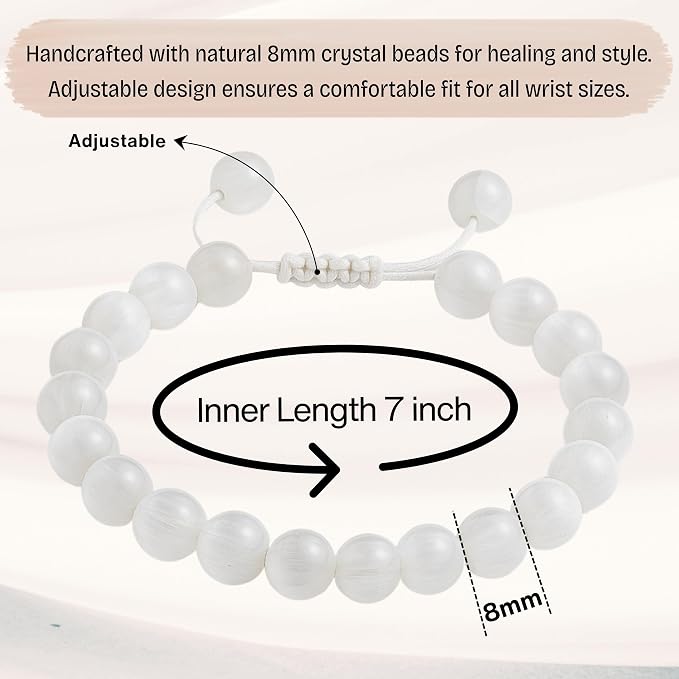 Amazing Gemstone Selenite Bracelet, Gifts for Men & Women - Protection Healing Crystal Bracelet - 8mm Gemstone Beaded Adjustable Bracelet, Pulseras para Hombres Mujer Stocking Stuffers