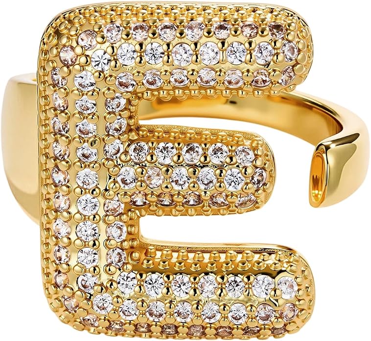 Cicy Bell Initial Rings for Women 14k Gold Plated Cubic Zirconia Delicate Letter Chunky Statement Open Rings Gifts for Her