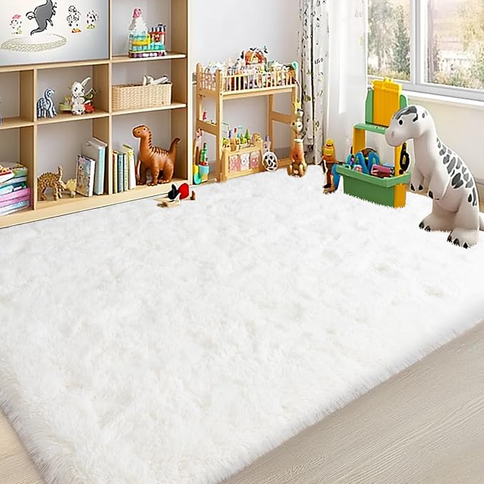 Large Area Rugs for Living Room Bedroom 4x6 Ivory Fluffy Shag Rugs | Ultra Soft Shaggy Plush Fuzzy Modern Indoor Throw Floor Carpet for Kids Girls Boys Dorm Nursery Home Decor Aesthetic