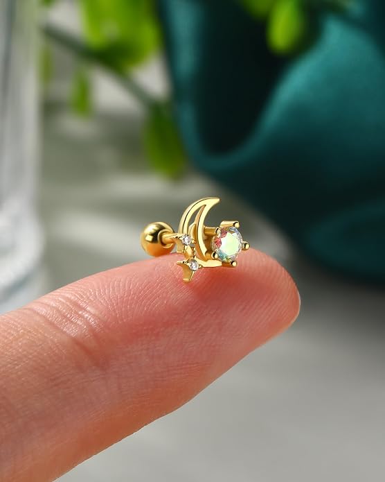 COCHARM 14K Gold Plated Cartilage Earrings Stud 16G Star 925 Sterling Silver Helix Tragus Earrings Surgical Steel Flat Back Earrings for Women