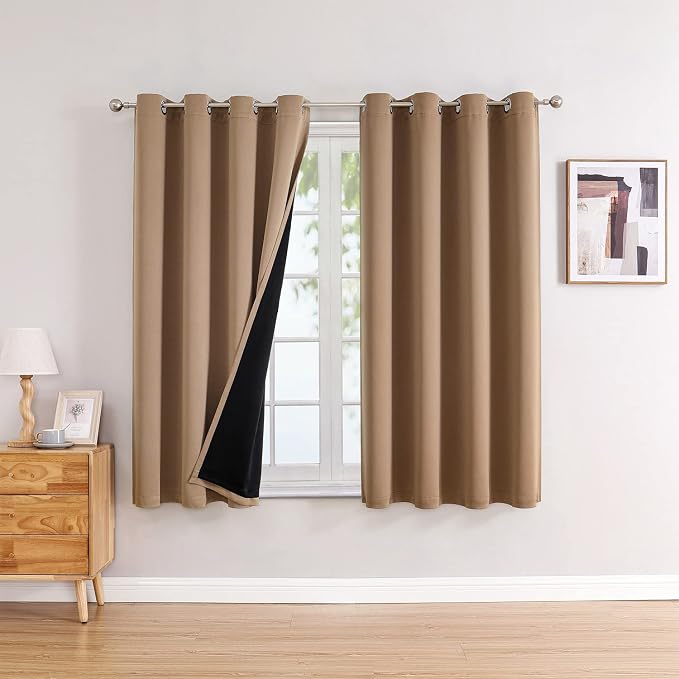 ChrisDowa 100% Blackout Curtains for Bedroom 2 Panels Set with Black Liner | 2 Thick Layers, Thermal Insulated, Light Blocking, Grommet, Window Treatment, Living Room Drapes, Cappuccino, 52 x 54 Inch