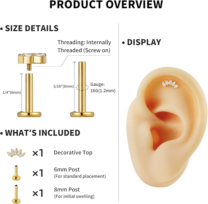 FINE4U 1PC ASTM F136 Titanium 16G Flatback Stud for Tragus, Helix, Conch 6mm 8mm - Screw on Cartilage Earring Piercing Jewelry