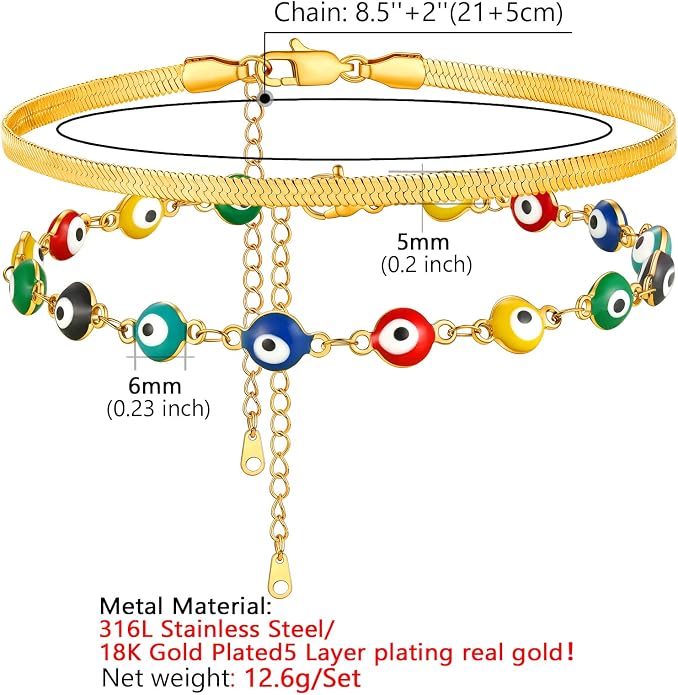 Supcare Evil Eye Anklets for Women,Cuban/Figaro/Mariner/Snake Chain Layered Ankle Bracelet Gifts (with Gift Packing)