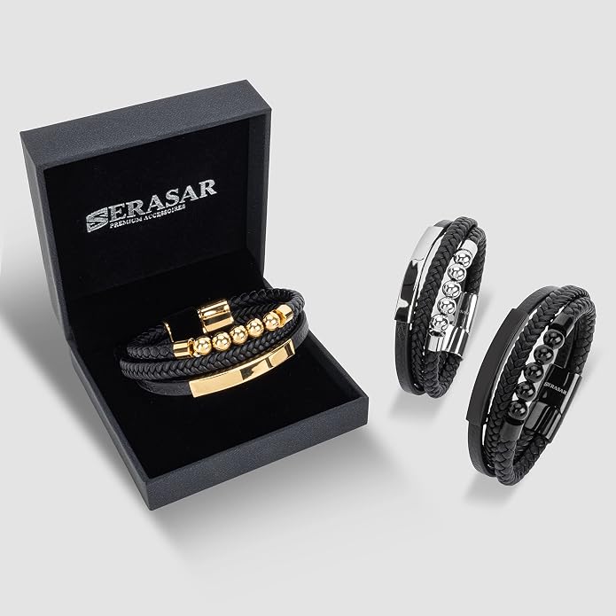 SERASAR Premium Leather Bracelet Men | Stainless Steel Magnetic Clasp | Three Colors | Jewelry Box Included