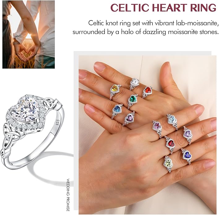 DAYBYDAY Celtic Birthstone Rings for Women 925 Sterling Silver Heart/Round/Pear/Oval Created Gemstone Moissanite Halo Engagement Promise Rings for Her Wife Birthday Anniversary Wedding Jewelry