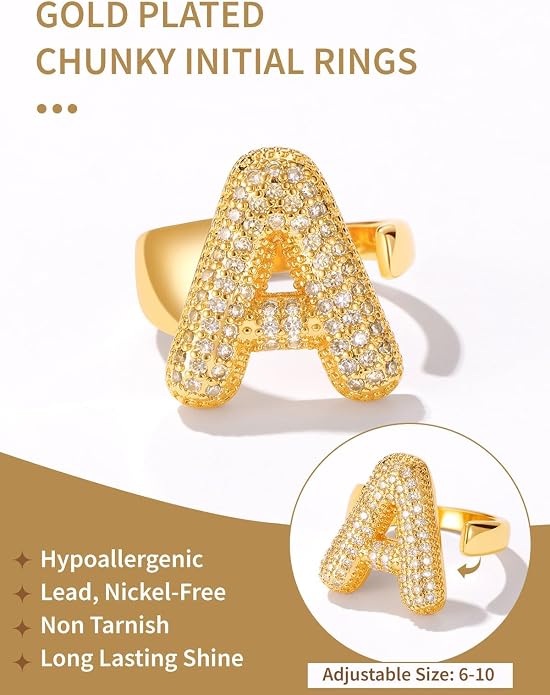 FindChic Initial Ring for Women, Gold Plated Chunky Letter Rings Open Adjustable Trendy Sparkling Cubic Zirconia Personalized Statement Rings Jewelry Gift