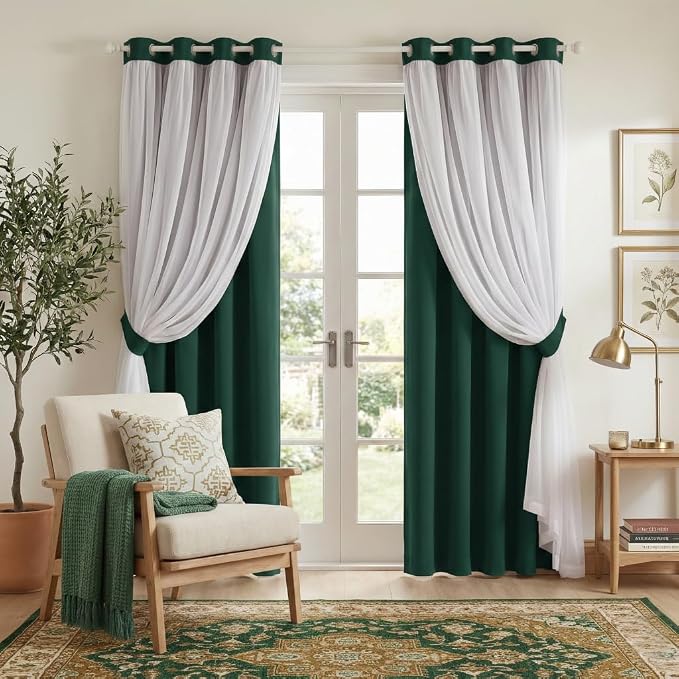 PONY DANCE Blackout Curtains 84 inches Long - Curtains for Living Room Double Layer Drapes White Sheer Overlay Light Block Room Decor, 52 by 84 inches, Hunter Green, 2 PCs
