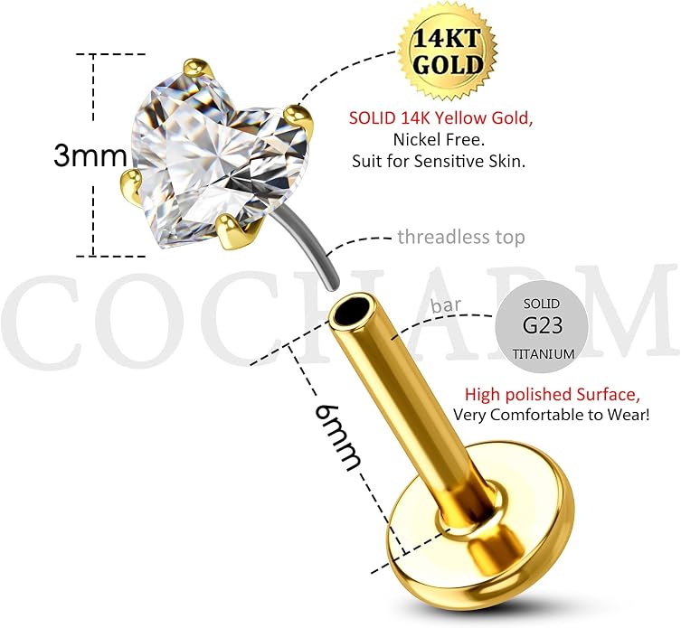 Cocharm 14K Gold Cartilage Earring Stud Yellow Gold Flat Back Helix Stud Push in Tragus Earring