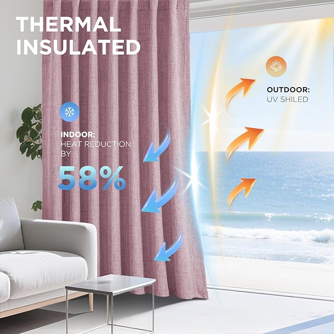 Joydeco Linen Blackout Curtains for Bedroom - 100% Light Blocking 1 Panels, Pink Drapes 100" W x 120" L, Thermal Insulated Room Darkening Curtains for Living Room, Rod Pocket & Back Tabs
