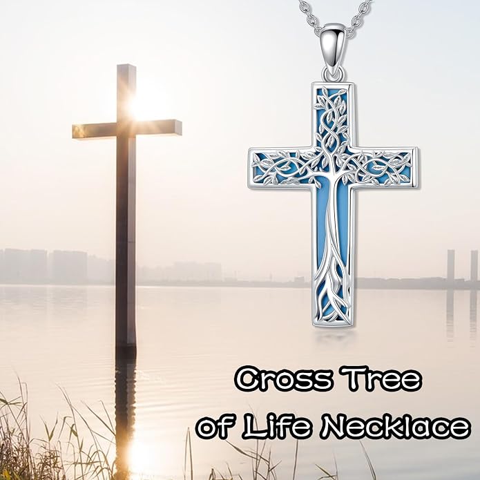 HPQQ Cross Necklace 925 Sterling Silver Turquoise Tree of Life Celtic Knot Cross Pendant Jewelry Mother's Day Gifts for Women