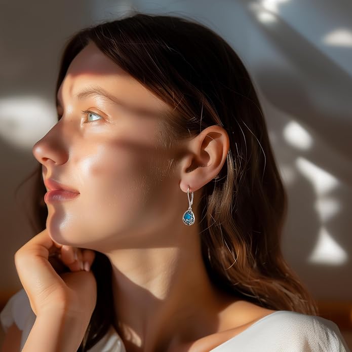 Real 925 Sterling Silver Trendy Dangle Earrings for Women | White Gold Plated | Hypoallergenic Turquoise/Black Onyx/Opal Filigree Jewelry Lightweight Celtic Lover Knot Leverback Earrings Gifts