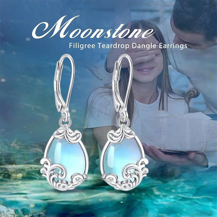 Vito 925 Sterling Silver Teardrop Earrings for Women, Moonstone Turquoise Drop Dangle Earrings Cat Snake Turtle Tree of Life Leverback Earrings Boho Jewelry Gift for Mom Wife