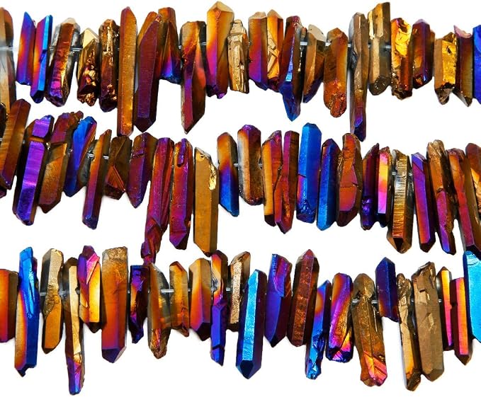 TUMBEELLUWA Rock Quartz Crystal Points Loose Beads for Jewelry Making, Titanium Coated Polished/Raw Quartz Beads 15 Inches Top Drilled,Purple/Golden/Blue Crystal Points(0.45"-1.35")