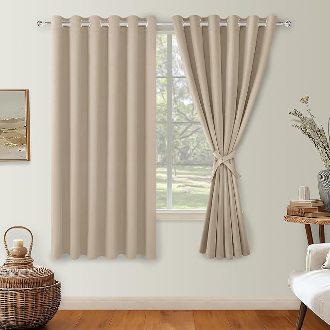 Hiasan Grommet Blackout Curtains for Bedroom, 70 x 63 Inches - Thermal Insulated & Light Blocking Window Drapes for Living Room/Dorm Room, Set of 2 Panels Sewn with Tiebacks, Taupe