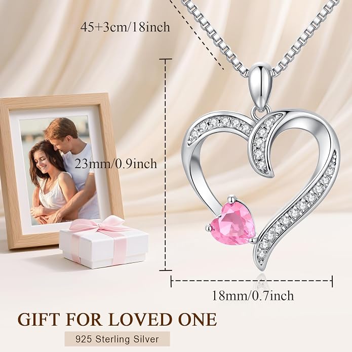 Love Heart Necklace for Women, 925 Sterling Silver Cubic Zirconia Birthstone Heart Pendant Jewelry Gift for Mom, Mother, Wife, Girlfriend on Birthday, Mother's Day, Chain 18 inch