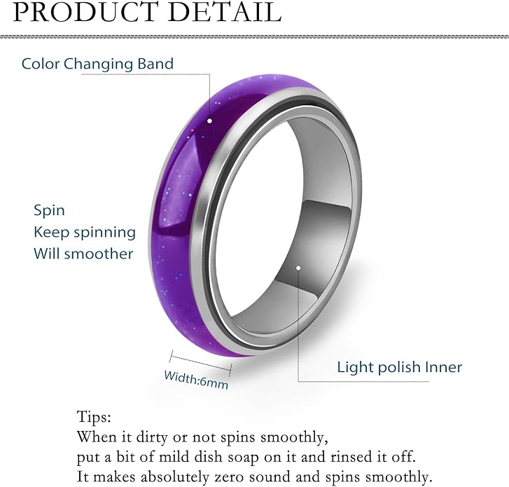 Mood Fidget Ring for Women Teens - 6mm Stainless Steel Temperature Sensative Color Changing Spin Rings for Anxiety Relief Mood Jewelry