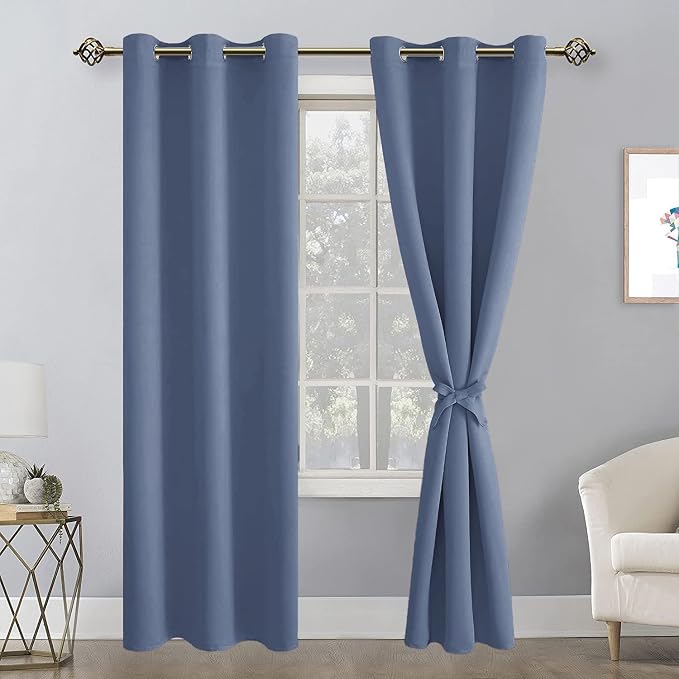 Hiasan Blackout Curtains for Bedroom, 38 x 84 Inches Long - Thermal Insulated & Energy Saving Window Curtains for Living Room, 2 Drape Panels Sewn with Tiebacks, Blue Haze