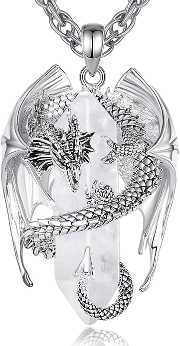 INFUSEU Unique Dragon Necklaces with Healing Crystal Stone for Men Women, Personalized Spiritual Gifts, 24 Inch Chain