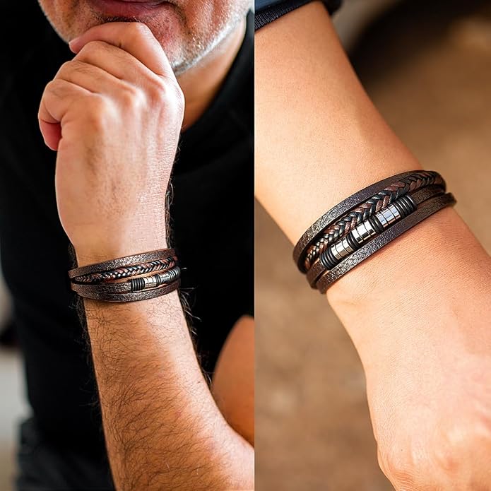 Mens Leather Bracelet Multi Layer – Braided Black Wristband with Stainless Steel Clasp, Minimalist Stylish Jewelry for Men, Everyday Wear Brown Black Blue