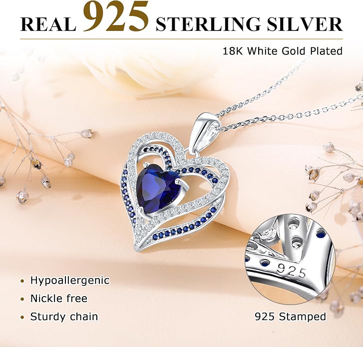 Anniversary Charm Necklace, Sterling Silver 14K Gold Plated Chain with Interlocking Heart Pendant Elegant Birthstone Necklaces for Women, Length 18"