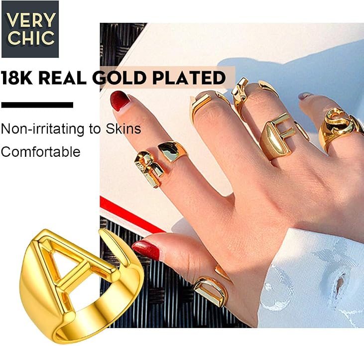 FindChic Customizable Initial Ring Statement 18K Gold Plated Fashion Cuff Rings for Women Alphabet Letter A to Z Resizable Knuckle Ring (with Gift Box)