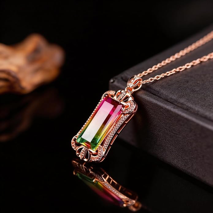 Rainbow Tourmaline Pendant Necklace, Multicolor Gemstone, Rose Gold-Tone Setting, Personalized Jewelry Gift