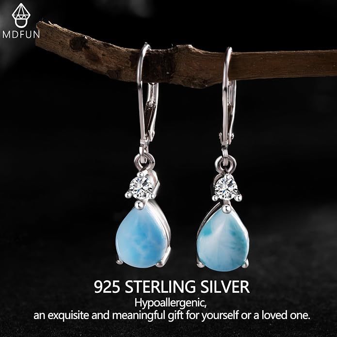 MDFUN 925 Sterling Silver Natural Larimar Earrings for Women Hypoallergenic Dangle Drop Blue Gemstone Leverback Jewelry