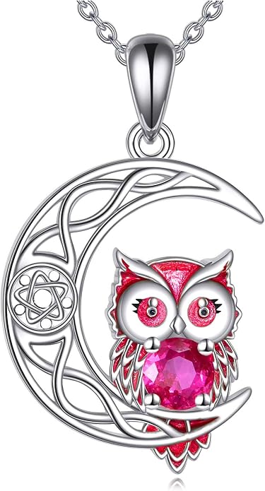 Owl Birthstone Necklace Sterling Silver Celtic Moon Pendant Cubic Zirconia Owls Jewelry Birthday Gifts for Women Men