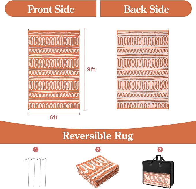 Beeiva Boho Outdoor Rug 8x10 Waterproof for Patio, Reversible Plastic Straw Rug for RV Camping, Deck, Balcony, Backyard, Orange