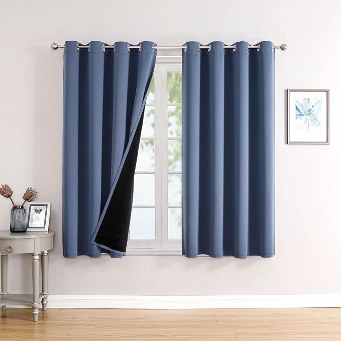ChrisDowa 100% Blackout Curtains for Bedroom 63 Inches Long 2 Panels Set | 2 Thick Layers, Thermal Insulated, Light Blocking, Grommet, Window Treatment, Living Room Drapes, Stone Blue, 52 x 63 Inch