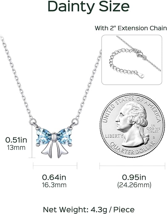 ChicSilver Bow and Cat Birthstone Necklace, 925 Sterling Silver Pendant Necklaces for Women, Hypoallergenic Silver Choker with 16 inch Rolo Chain, 12 Months Jewelry for Valentines Mothers Day Christmas