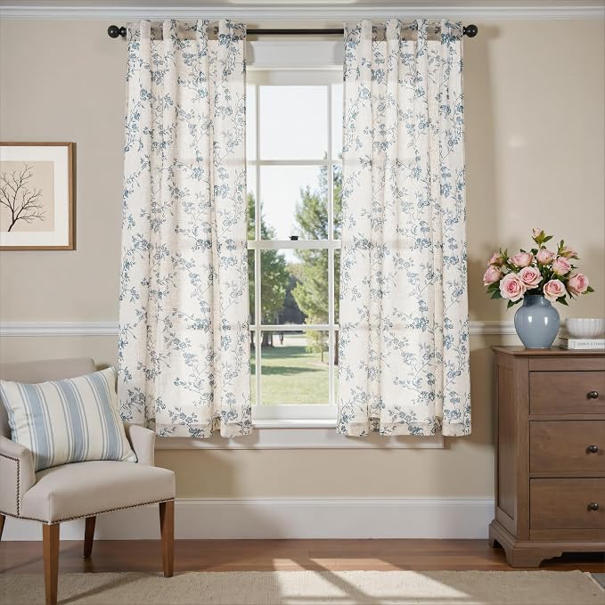 Lazzzy Blue Floral Linen Curtains 63 Inch Farmhouse Back Tab Drapes for Living Room Bedroom Light Filtering Vintage Grandmillennial Rod Pocket Curtains, 2 Panels, W38 x L63, Blue on Beige