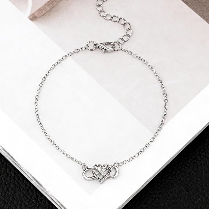 Infinity Heart Anklet for Women, Silver Dainty Ankle Bracelet Adjustable Minimalist Foot Jewelry, Romantic Beach Vacation Gift