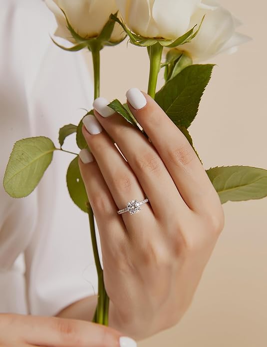 EAMTI 925 Sterling Silver 1.2 CT Round Solitaire Cubic Zirconia Engagement Ring Halo Promise Ring Size 3-13