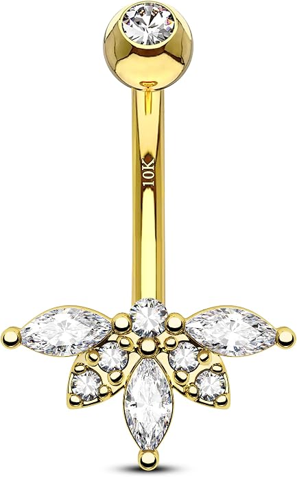 COCHARM 10K Gold Belly Button Rings 14G Lotus Gold Belly Rings for Women Gold Belly Navel Piercing Jewelry Clear CZ