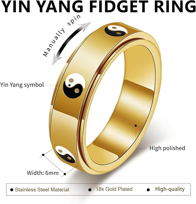 Evil Eye Fidget Ring for Women - 18K Gold Plated Stainless Steel Spinner Rings for Anxiety Relief, Ojo Turco Ring Luck Amulet, Turkish Faith Protection Stackable Jewelry Gift for Women Men