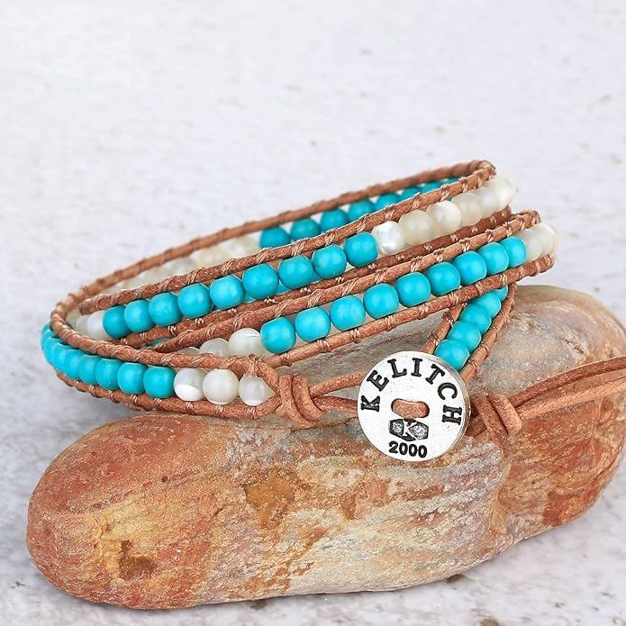 KELITCH Turquoise Beads Bracelets Leather 3 Wrap Bracelet Handmade Women Heart Jewelry