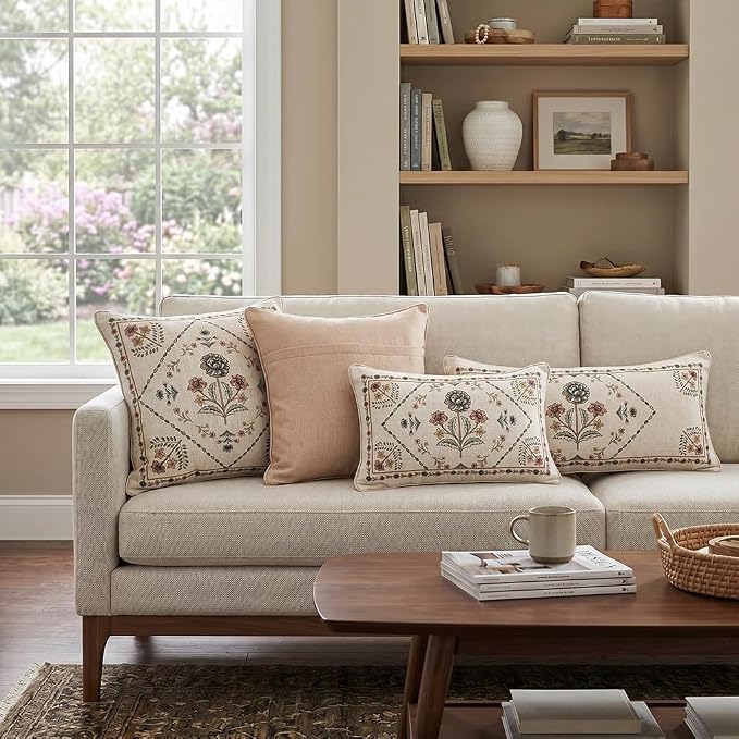 ISAENNE Designer Vintage Linen Throw Pillow Cover,18"x18"-Cornucopia B | Elegant French Square Pillow Cover,Concealed Zipper Design,Floral Pattern,Sofas,Bedroom,Living Room,Lounge Chairs