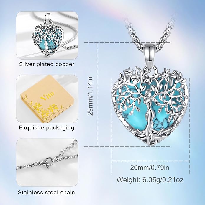 Vito Tree of Life Necklace for Women Men, Silver Plated Copper Teardrop Moonstone/Obsidian/Turquoise/Amethyst/Malachite Crystal Tree Necklace Protection Energy Amulet Jewelry Gift for Mom Wife, 20+2"