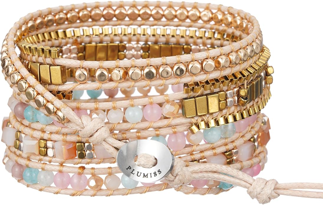 Plumiss Women Boho Handmade Natural Stone Crystal Leather Bead Wrap Bracelets Collection