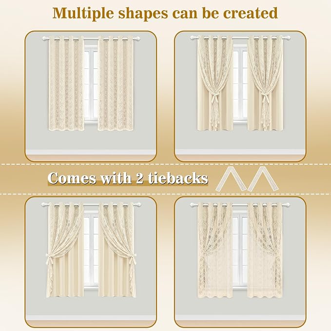 Yinhua Beige Blackout Curtains Double Layer Curtains for Bedroom 63 Inch Length Nursery Curtain for Living Room, Grommet Drapes with Tiebacks, 2 Panels, 52" W x 63" L