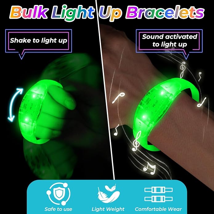 24 Pack Light UP Bracelets Sound Activated Flashing Wristbands Music Control Glow in the Dark Bracelets for Rave Game Prizes Carnival Concerts Night Events Mardi Gras Party Favors